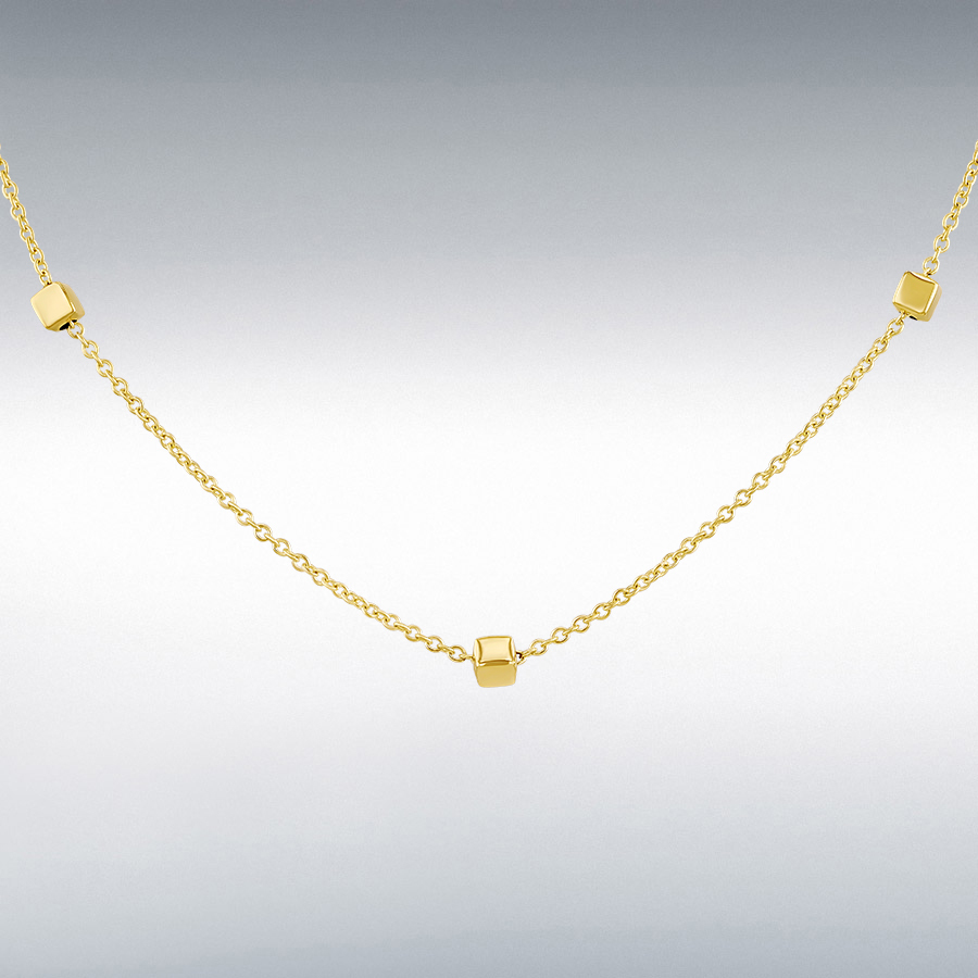 9ct Gold Trace Chain & Cube Station Necklace