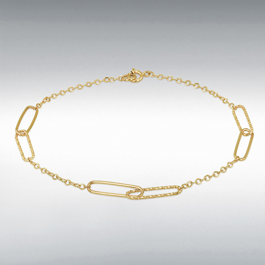 9ct Gold Textured & Polished Double Paperclip Link Station Bracelet