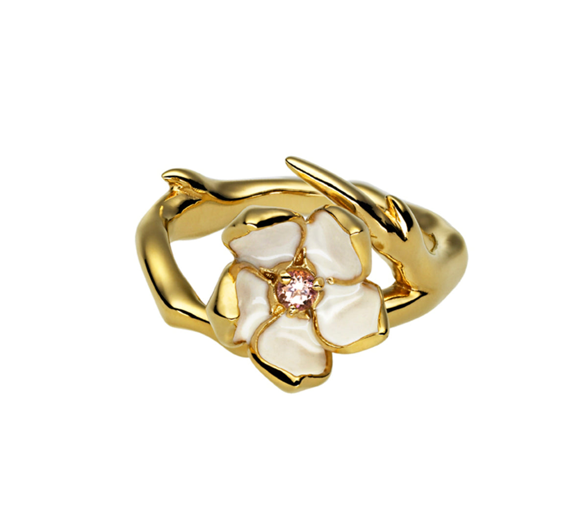Shaun Leane Vermeil & Ivory Enamel Topaz Set Single Cherry Blossom Ring (size M) SLS209