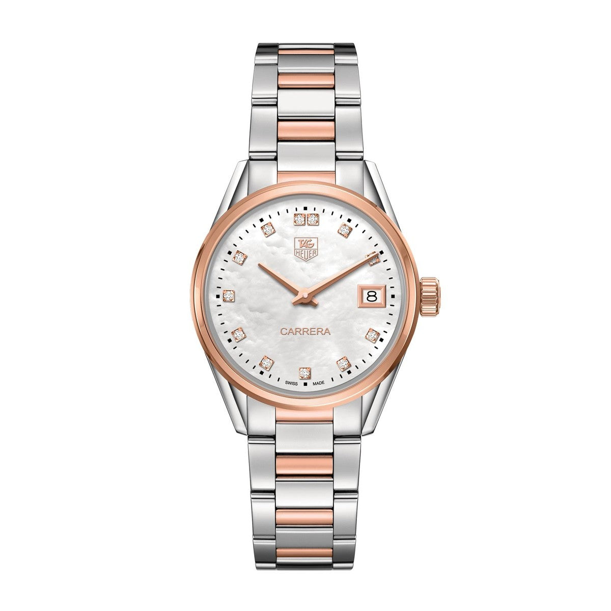 TAG Heuer Carrera Lady Mother of Pearl Diamond Set Dial Two Tone Womens Quartz Watch WAR1352.BD0774