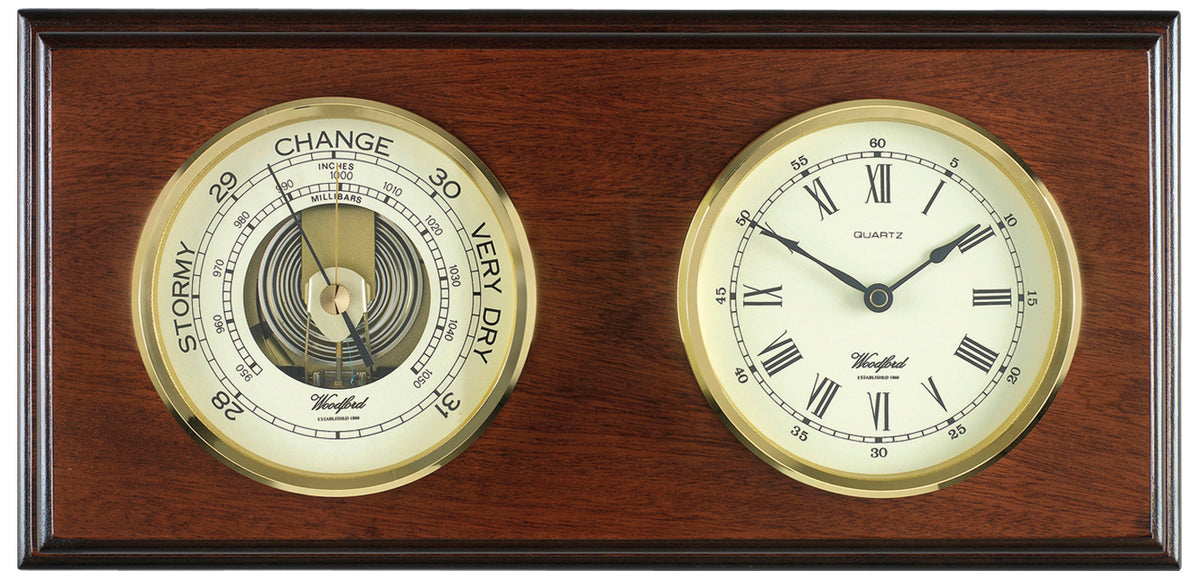 Woodford Mahogany Aneroid Barometer & Clock 1609