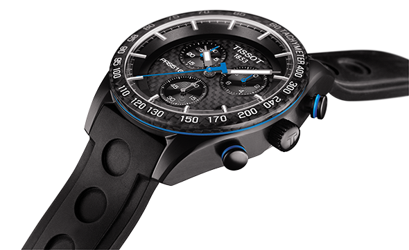 Tissot PRS 516 Carbon Dial Black PVD Plated Case Rubber Strap Mens Quartz Chronograph Watch T1004173720100