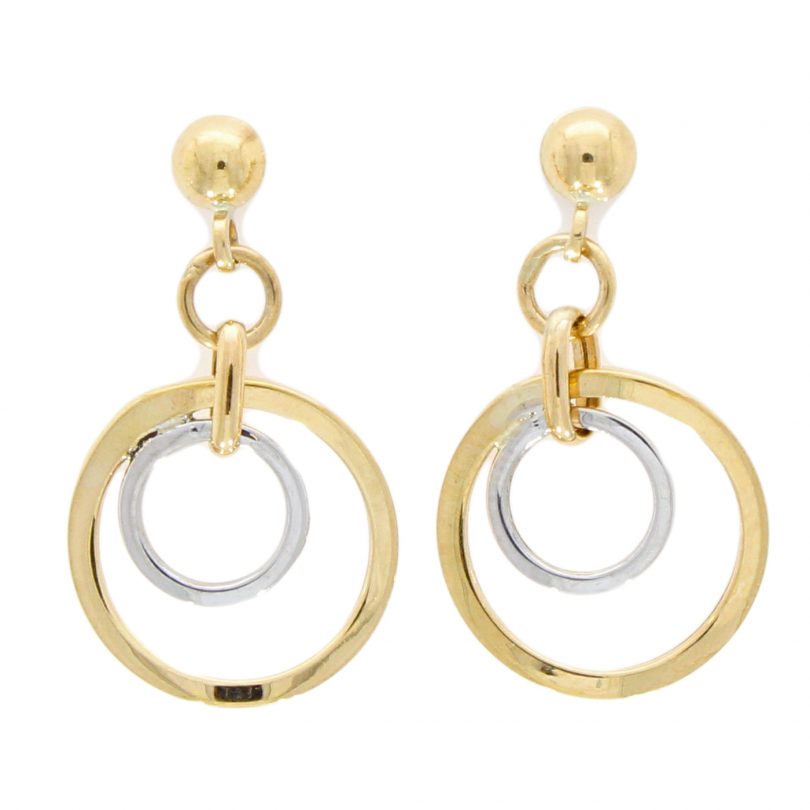 9ct Yellow & White Gold Double Circle Drop Earrings