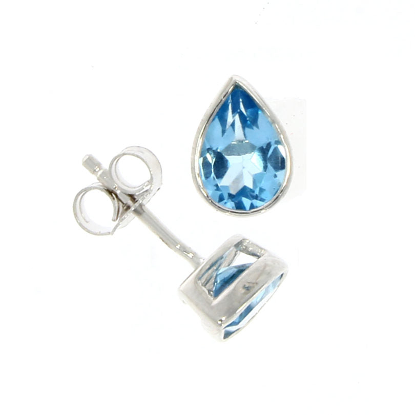9ct White Gold Pear-Shaped Blue Topaz Rubover Set Stud Earrings
