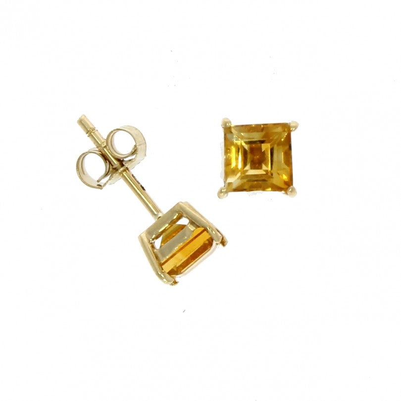 9ct Gold Square Citrine Claw Set Stud Earrings