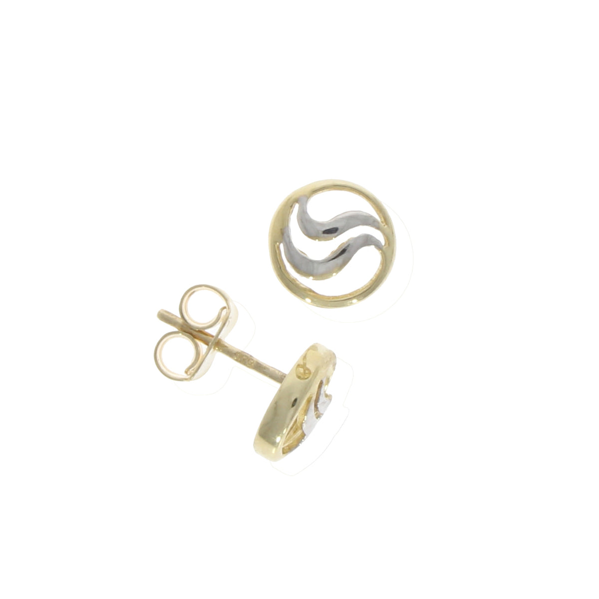 9ct Yellow & White Gold Circle & Wave Stud Earrings