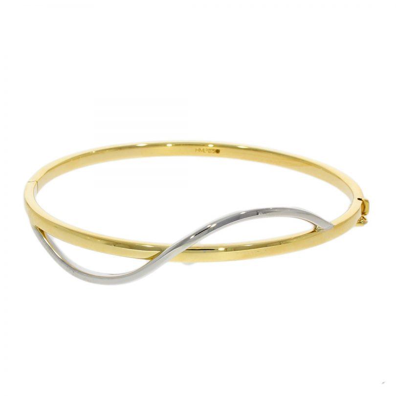 9ct Yellow & White Gold Two Tone Wave Design Hinged Bangle