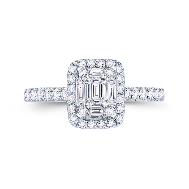Platinum 0.65ct Baguette & Brilliant Cut Diamond Emerald Illusion Fairytale Cluster Ring