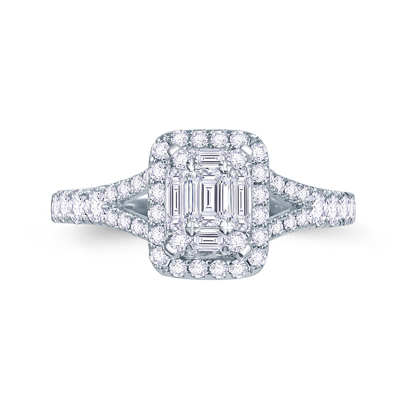 Platinum 0.70ct Baguette & Brilliant Cut Diamond Emerald Illusion Fairytale Cluster Ring