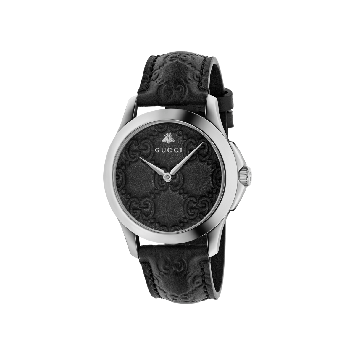 Gucci G-Timeless Bee & GG Black Leather Signature Dial Stainless Steel Unisex Quartz Watch YA1264031