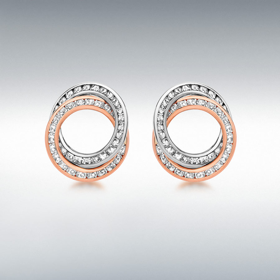 9ct White & Rose Gold Two Tone Cubic Zirconia Linked Rings Stud Earrings