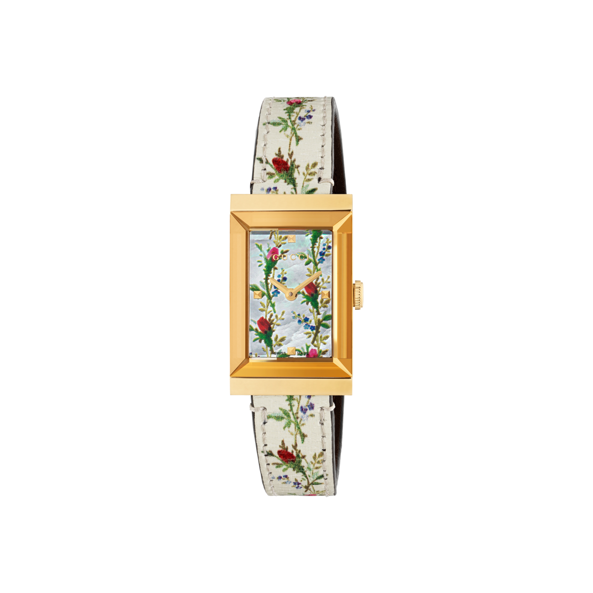 Gucci G-Frame Mother of Pearl Flower Dial PVD Gold Plated Womens Quartz Watch YA147407