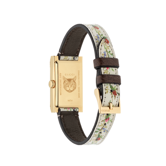 Gucci G-Frame Mother of Pearl Flower Dial PVD Gold Plated Womens Quartz Watch YA147407