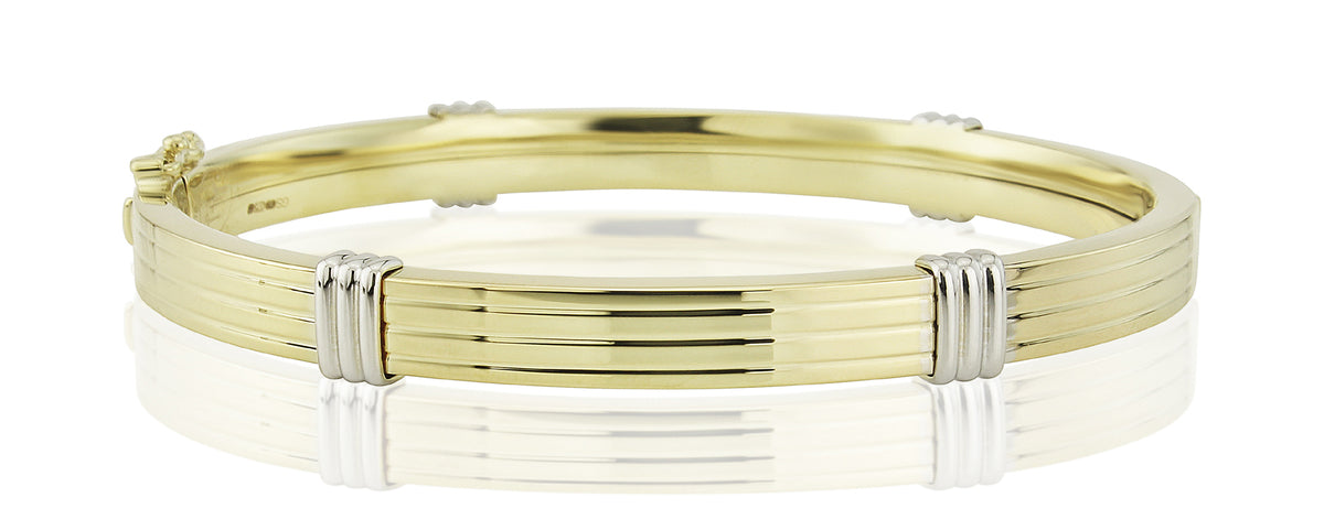9ct Yellow & White Gold Oval Hinged 6mm Bar Design Hinged Bangle