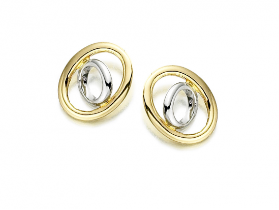 9ct Yellow & White Gold Two Tone Oval Openwork Stud Earrings