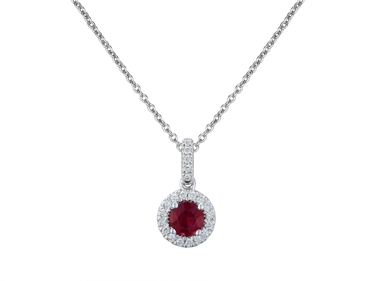 18ct White Gold Round Ruby & Diamond Set Halo Cluster Pendant Necklace