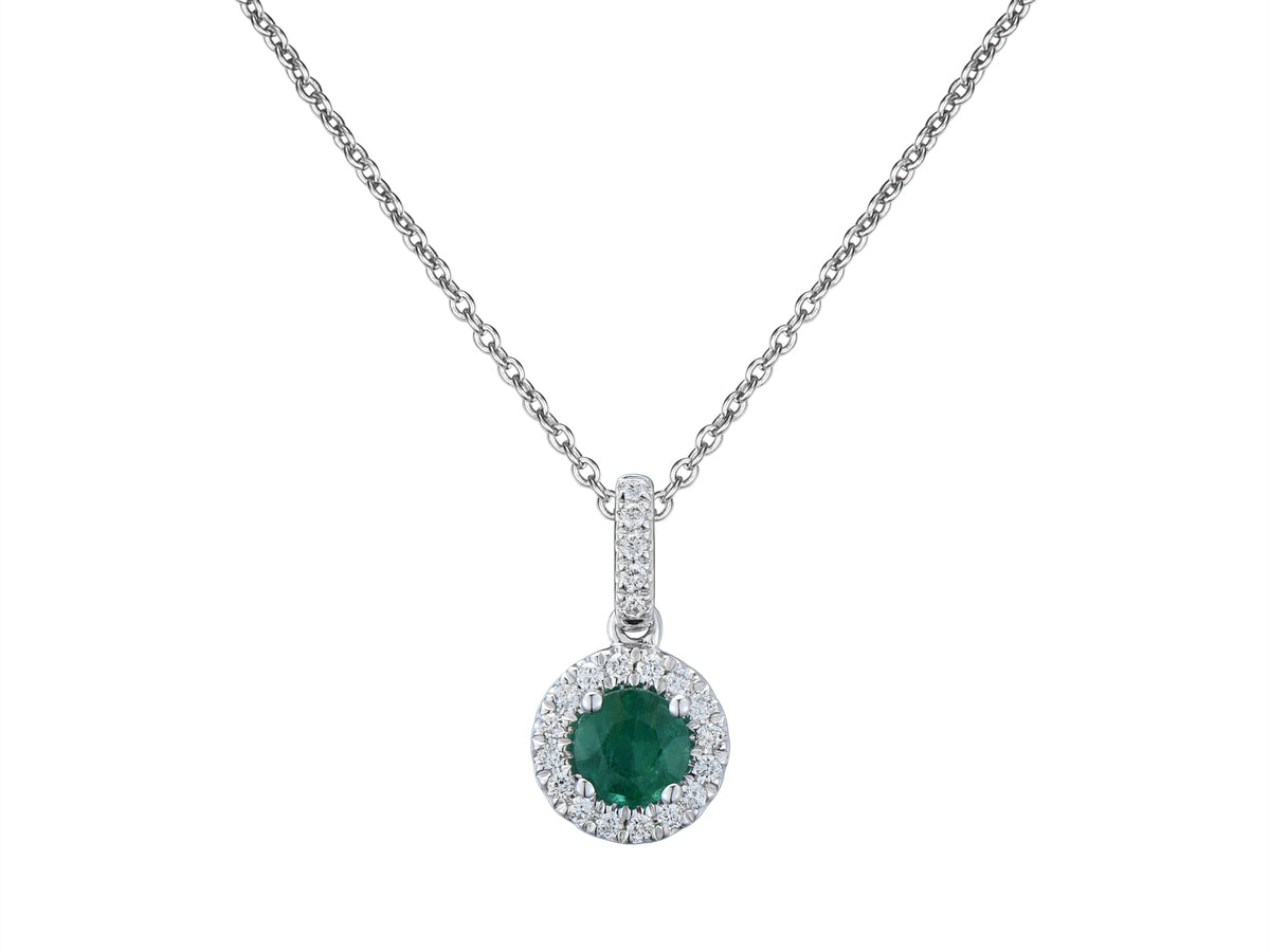 18ct White Gold Round Emerald & Diamond Set Halo Cluster Pendant Necklace