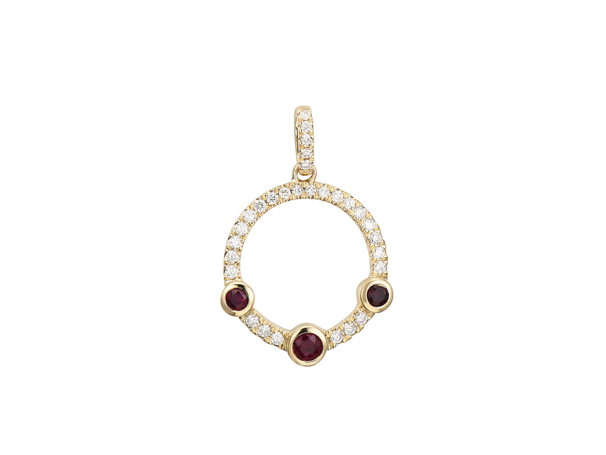 18ct Gold Ruby & Diamond Set Circle Pendant Necklace