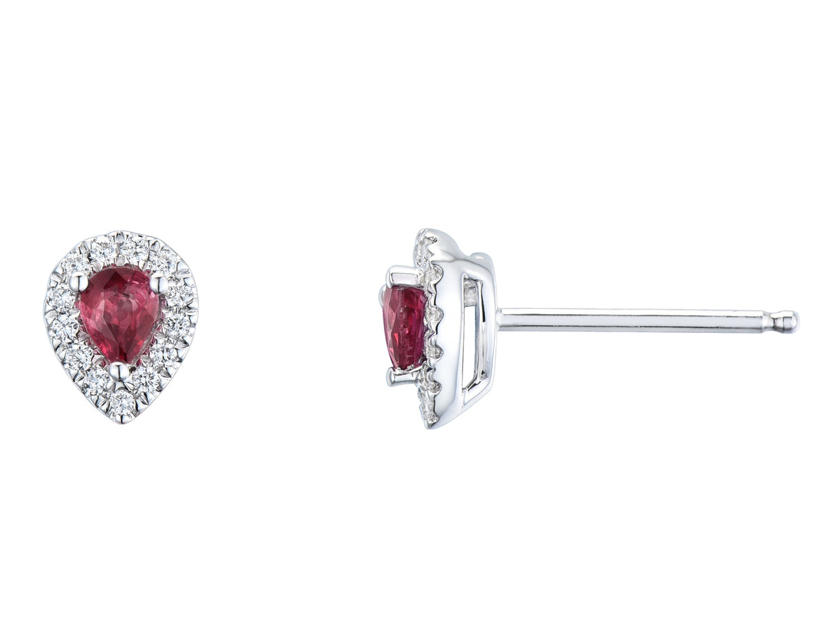 18ct White Gold Pear-Shaped Ruby & Diamond Set Halo Cluster Stud Earrings