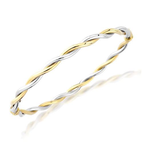 9ct Yellow & White Gold Oval Hinged Twist Design Solid Bangle