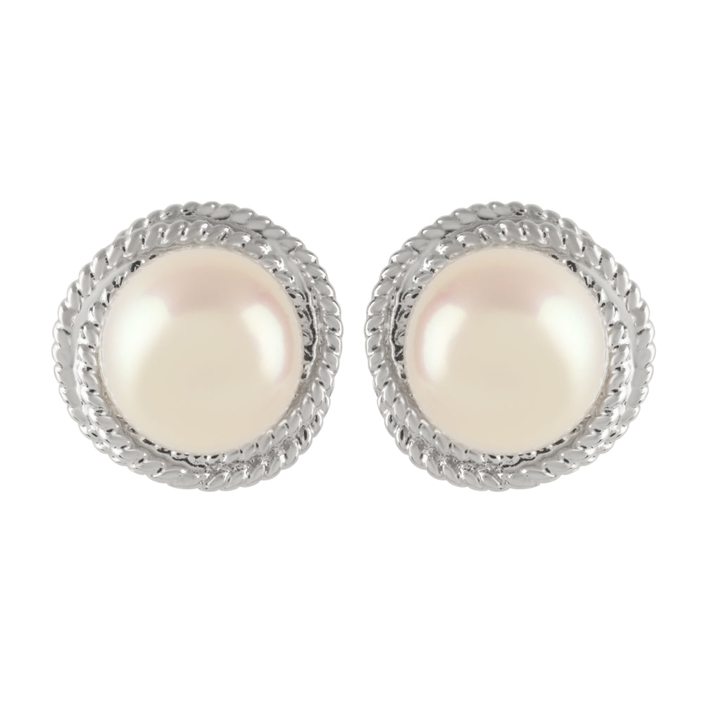 9ct White Gold Pearl & Double Rope Knot Surround Stud Earrings