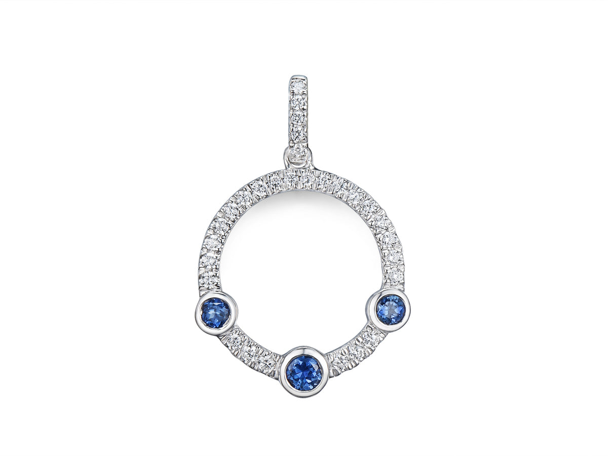 18ct White Gold Sapphire & Diamond Set Circle Pendant Necklace