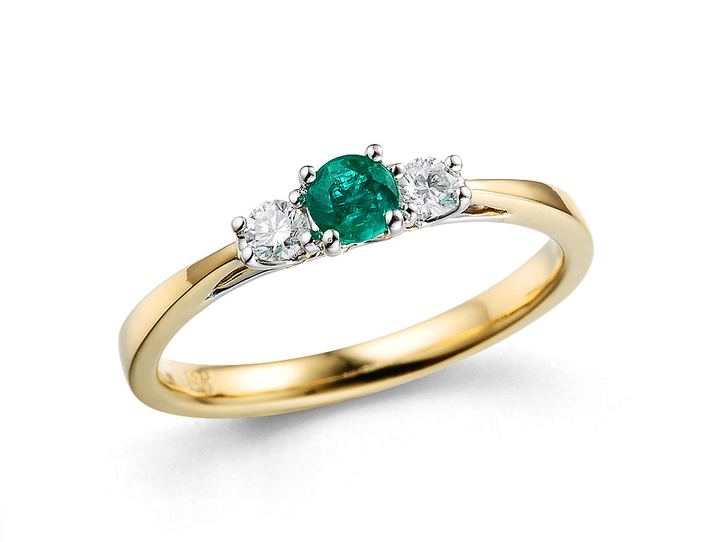 18ct Gold Emerald & Diamond Set Three Stone Trilogy Ring