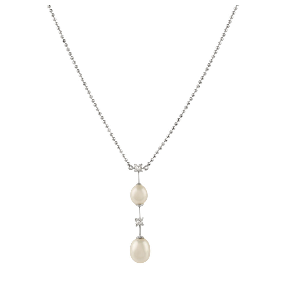18ct White Gold Pearl & Diamond Set Bar Pendant Necklace