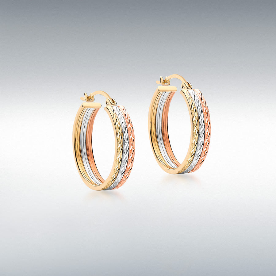 9ct 3 Colour Gold Diamond Cut Hoop Earrings