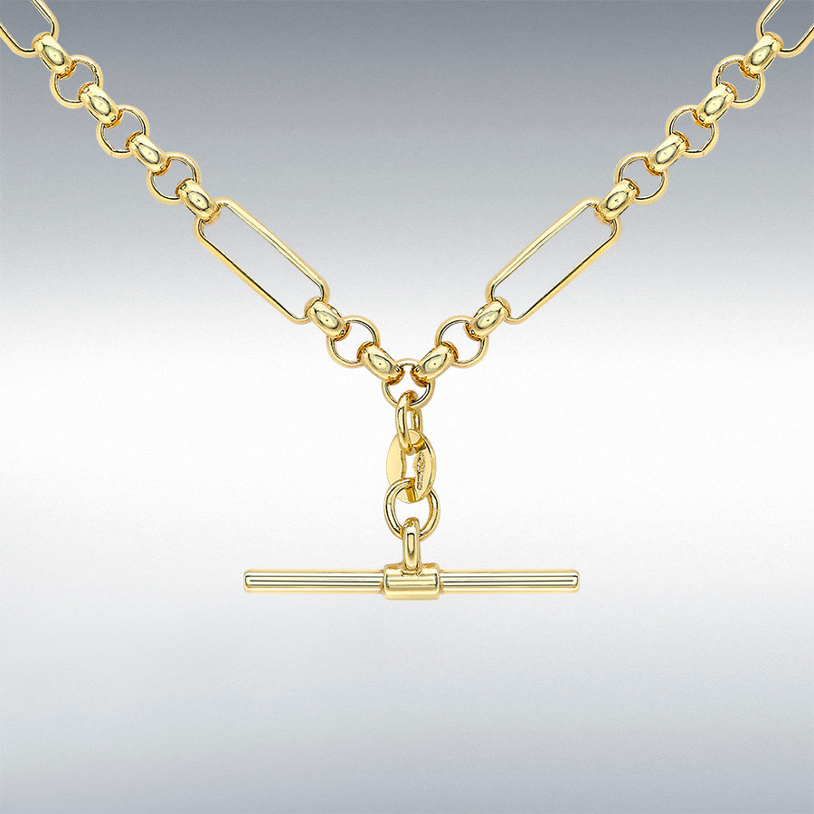 9ct Yellow Gold T-Bar Figaro Belcher Albert Chain 18" Necklace
