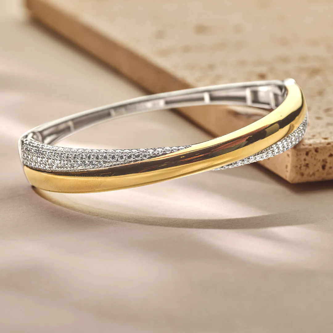 TI SENTO Bold Sterling Silver & Gold Plated Two Tone Cubic Zirconia Set Hinged Crossover Bangle