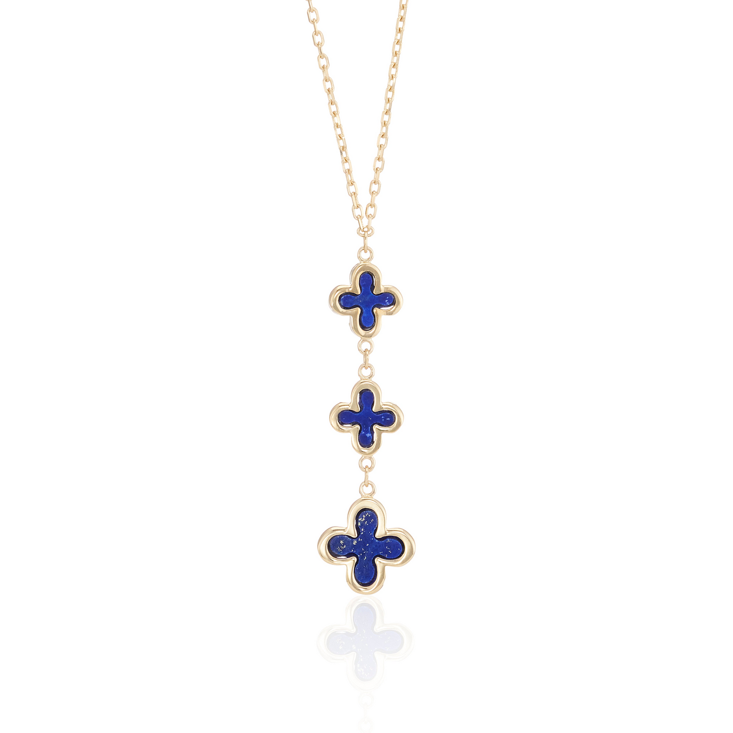 9ct Yellow Gold Lapis Lazuli Set Triple Quatrefoil Four Leaf Clover Pendant Necklace