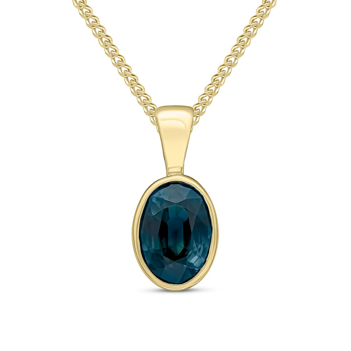 9ct Gold Rubover Set Oval Sapphire Pendant Necklace