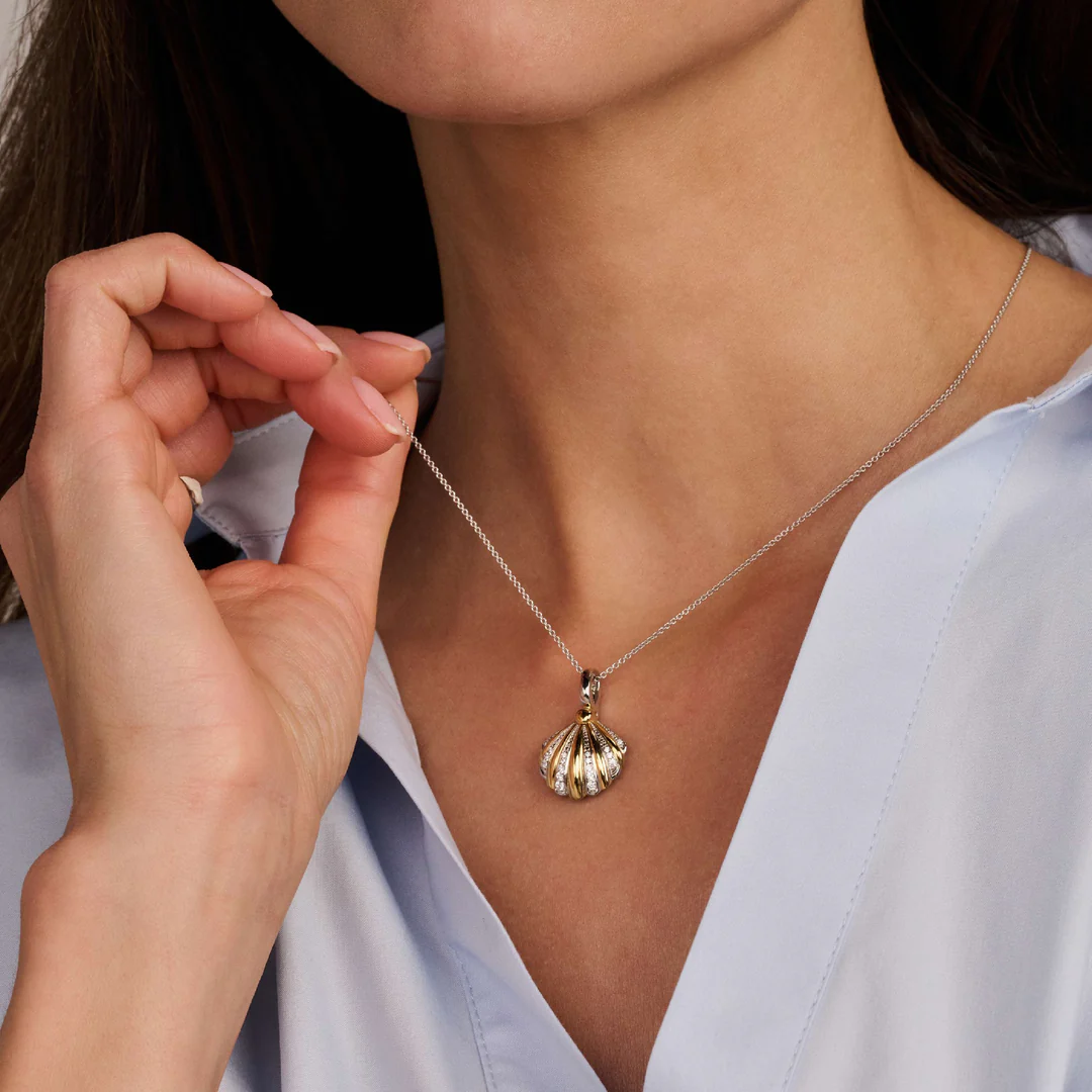TI SENTO Sterling Silver & Gold Plated Two Tone Cubic Zirconia Set Shell Pendant Necklace