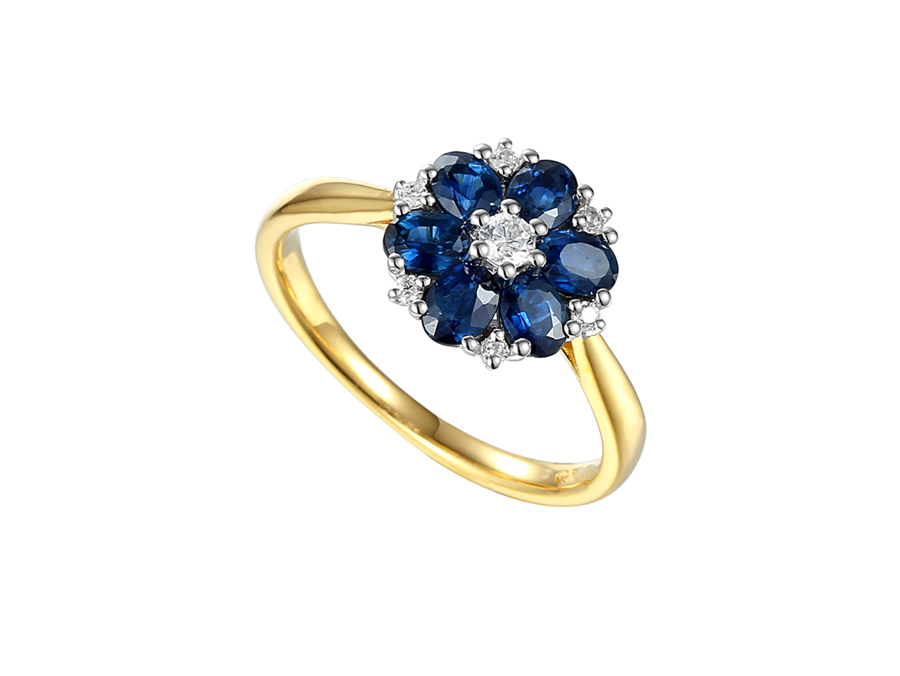 9ct Gold Sapphire & Diamond Set Flower Design Cluster Ring