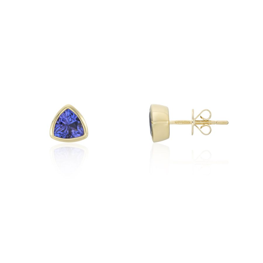 9ct Gold Trilliant Cut Rubover Set Tanzanite Stud Earrings