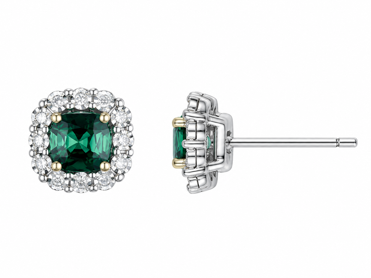 9ct Yellow & White Gold Green Tourmaline & Diamond Set Cluster Stud Earrings