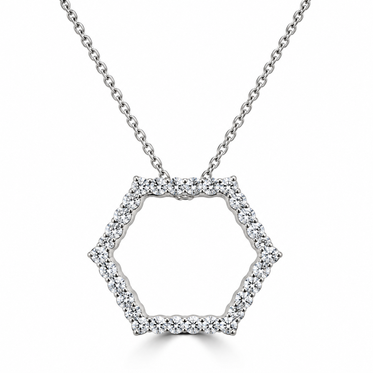 18ct White Gold Diamond Set Openwork Hexagon Honeycomb Pendant Necklace