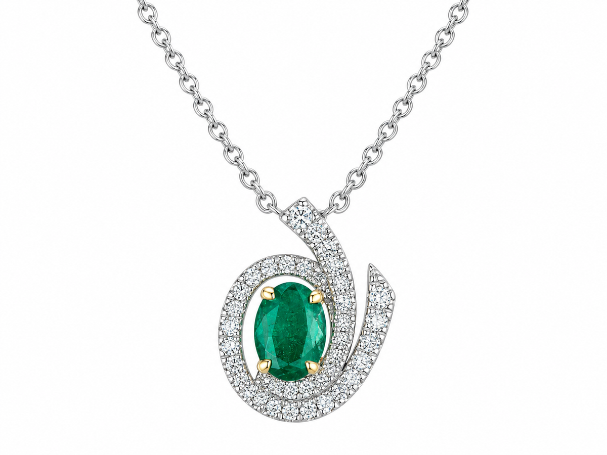 9ct White Gold Emerald & Diamond Set Swirl Cluster Pendant Necklace
