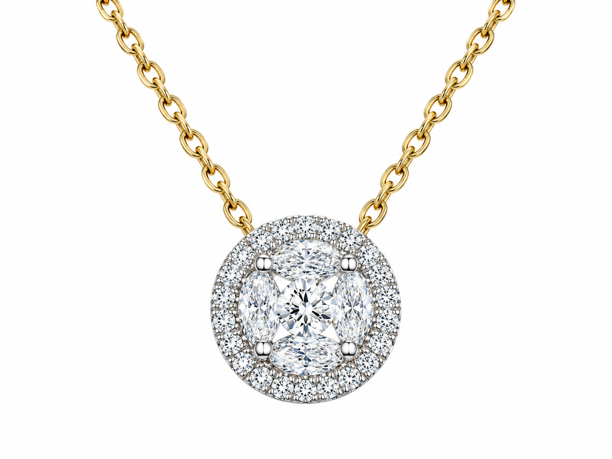 9ct White Gold Marquise & Brilliant Cut Diamond Cluster Pendant Necklace