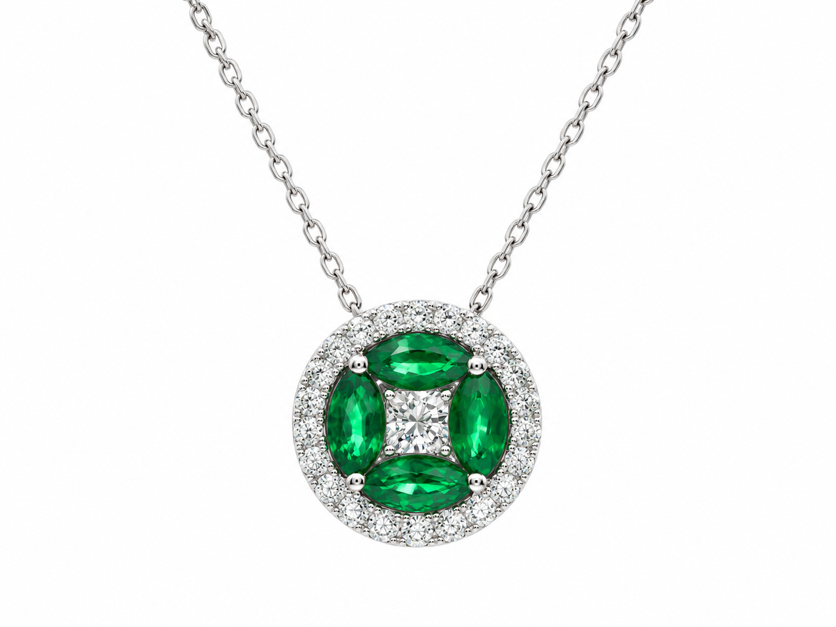 9ct White Gold Marquise Cut Emerald & Diamond Cluster Pendant Necklace