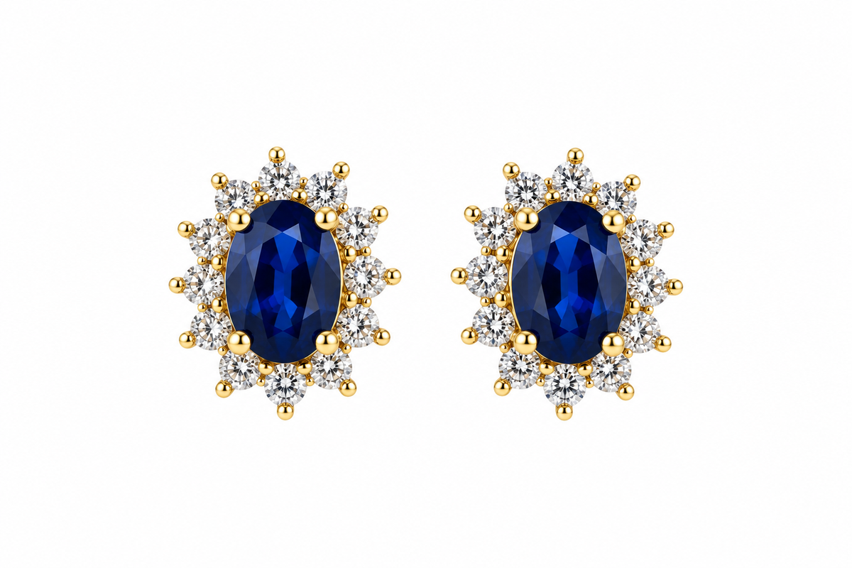 9ct Gold Oval Sapphire & Diamond Set Cluster Stud Earrings