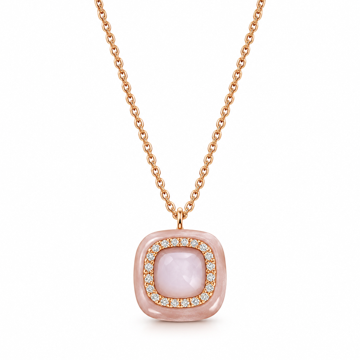 18ct Gold, Enamel, Rhodochrosite, Rock Crystal, Mother-of-Pearl, & Diamond Set Pendant Necklace