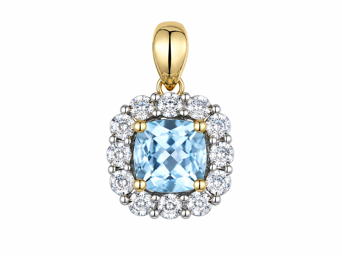 9ct Yellow & White Gold Blue Topaz & Diamond Set Cluster Pendant Necklace