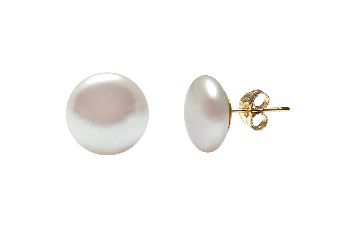 9ct Gold 11-11.5mm Coin Shaped Cultured Freshwater Button Pearl Stud Earrings