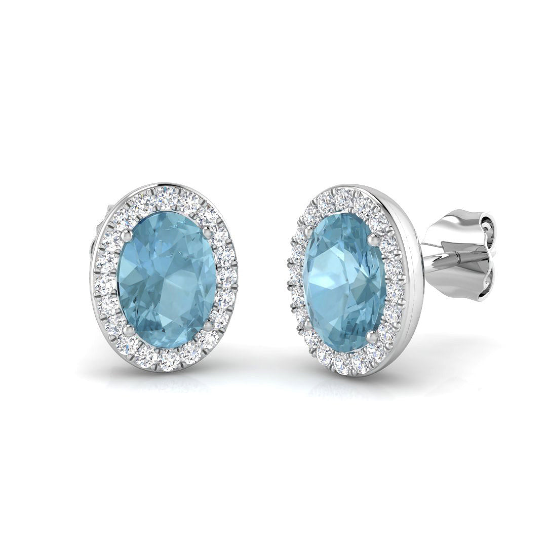 9ct White Gold Oval Aquamarine & Diamond Set Halo Cluster Stud Earrings