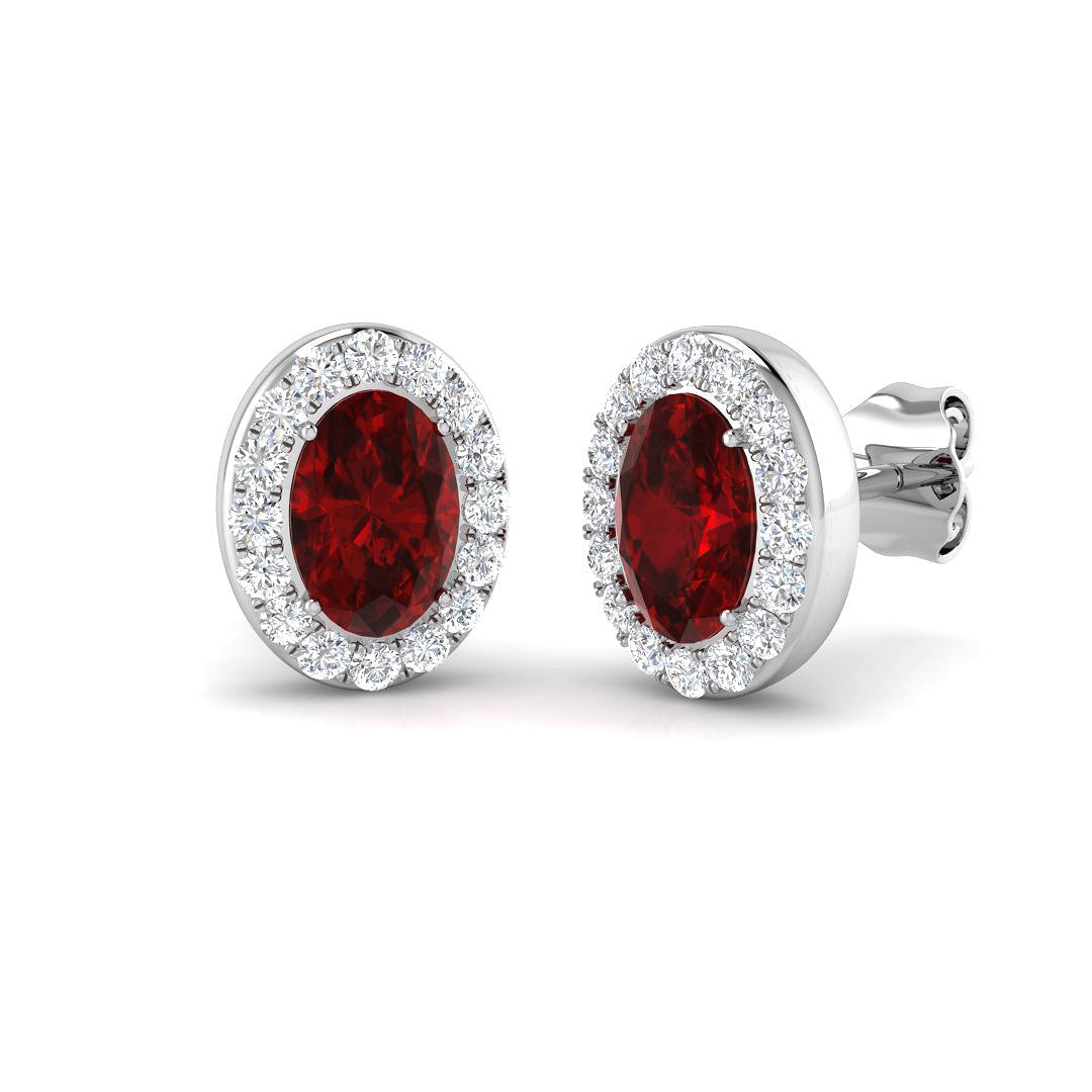 9ct White Gold Oval Ruby & Diamond Set Cluster Stud Earrings