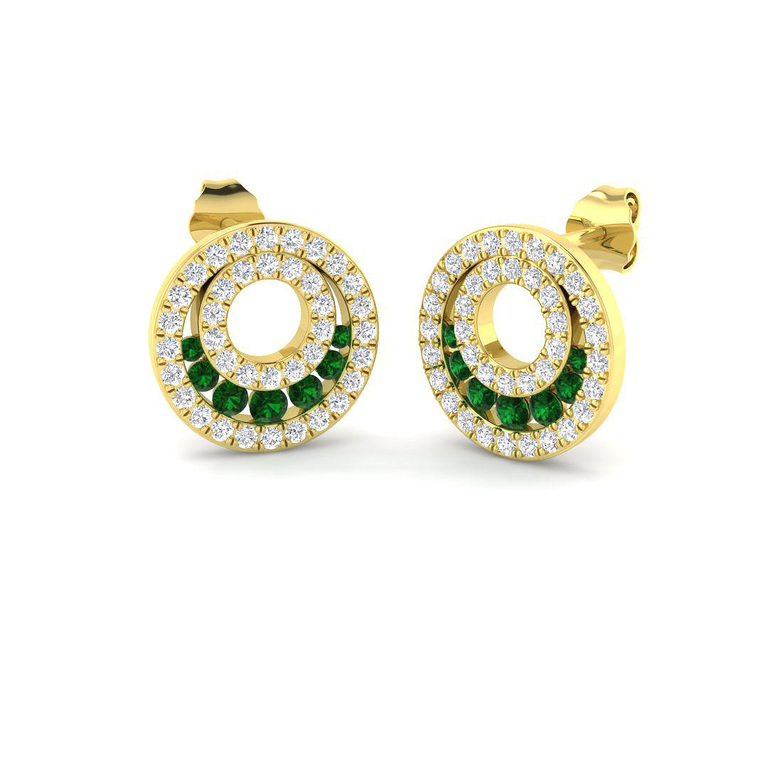 9ct Gold Emerald & Diamond Set Openwork Circle Stud Earrings