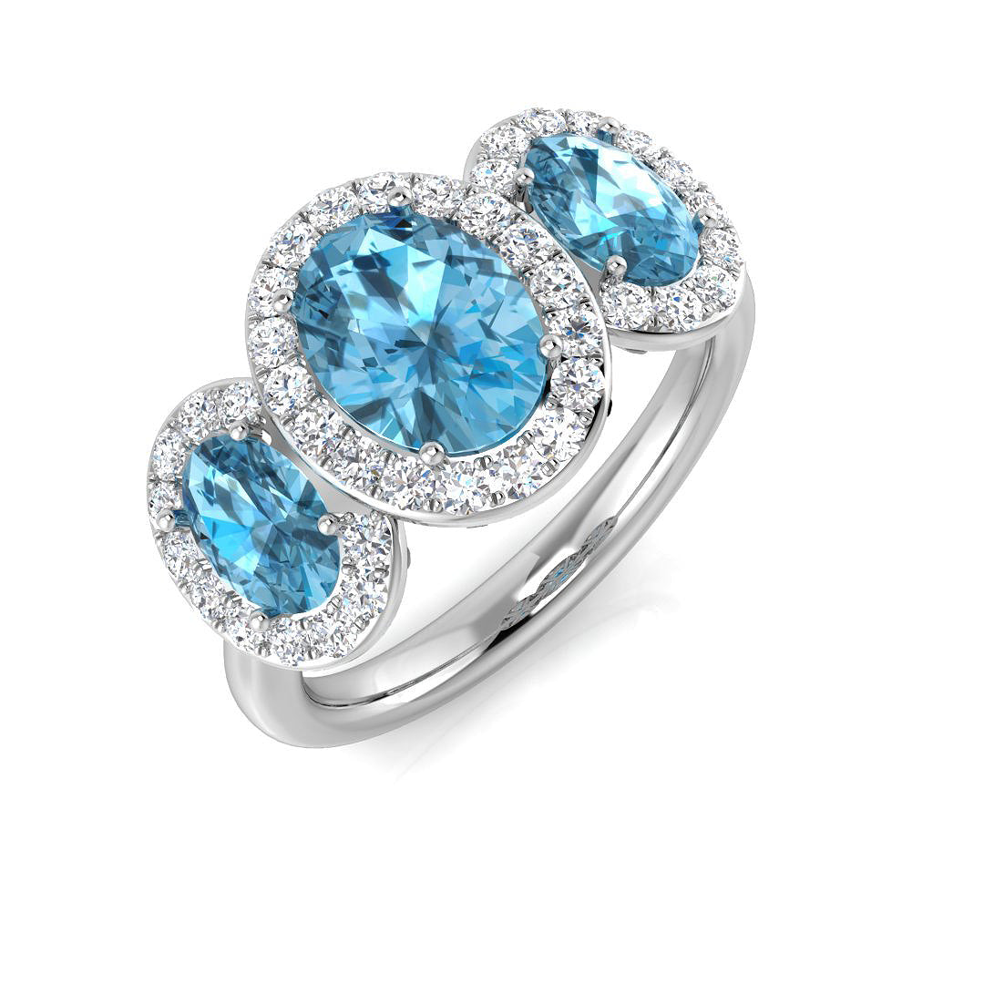 9ct White Gold Blue Topaz & Diamond Set Triple Cluster Ring