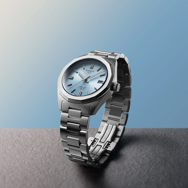 Tissot PRC 100 Solar Ice Blue Dial Stainless Steel Womens Quartz Watch T1518221135100